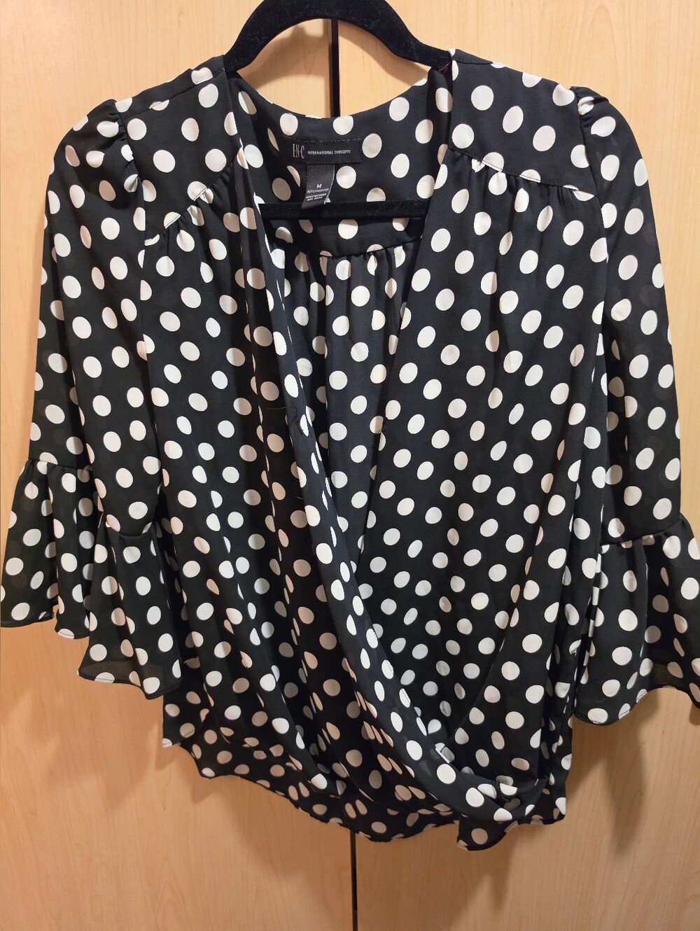 Inc Black and White Polka Dot Wrap-Style Blouse